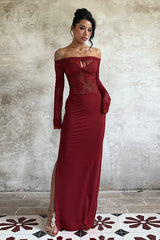 Robe de soirée longue en dentelle à épaules dénudées
