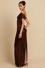 Robe de soirée sirène en dentelle transparente à épaules dénudées