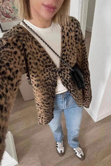 Cardigan ample à col en V imprimé léopard rétro, doux et brossé, style décontracté.
