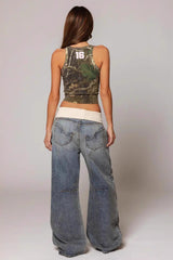 Jean bleu délavé à taille roulée style rétro années 2000