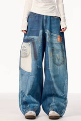Jean à jambes larges imprimé patchwork vintage de la mode urbaine