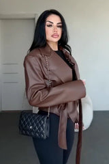 Veste en cuir moulante sexy à col en V et ceinture à nouer