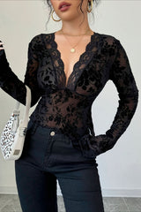 Deep V Floral Lace Bell Sleeve Top