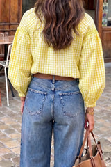 Gingham Balloon Sleeve Button Blouse