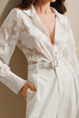 Blouse décontractée printemps-été à col roulé brodé