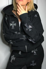 Sweat à capuche ample zippé avec strass croisés