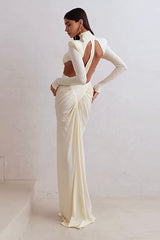 Robe de soirée cintrée à manches longues, froncée, color-block et découpe à la taille