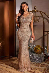Robe de soirée élégante champagne à paillettes et franges