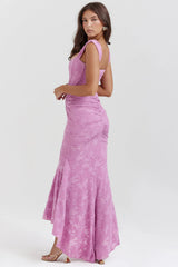 Robe longue froncée en dentelle brodée de fleurs