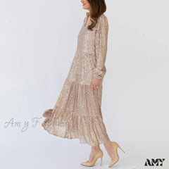 Champagne Sequin Loose V-Neck Long Sleeve Pleated Midi Elegant A-Line Banquet Party Dress