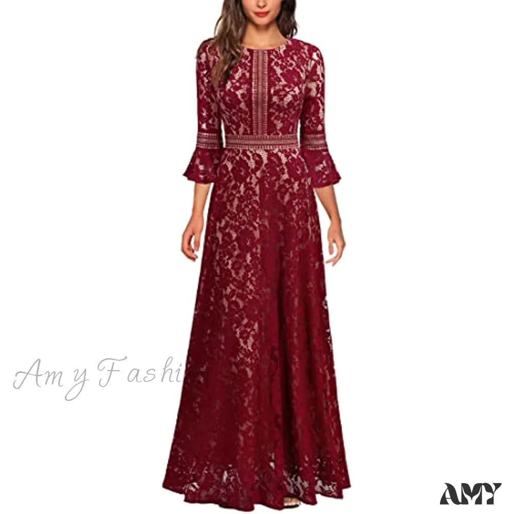 Christmas Vintage Full Lace Contrast Bell Sleeve Formal Long Dress