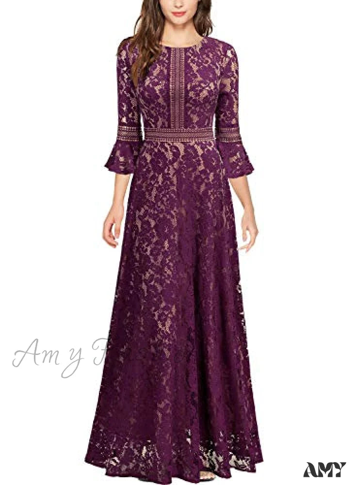 Christmas Vintage Full Lace Contrast Bell Sleeve Formal Long Dress