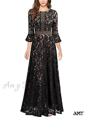 Christmas Vintage Full Lace Contrast Bell Sleeve Formal Long Dress