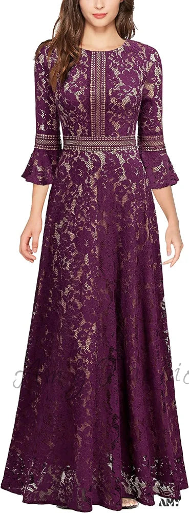 Christmas Vintage Full Lace Contrast Bell Sleeve Formal Long Dress A-Magenta / Small