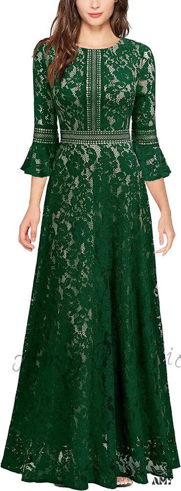 Christmas Vintage Full Lace Contrast Bell Sleeve Formal Long Dress C-Green / Xx-Large
