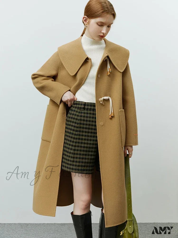 College Style Horn Button Vintage Large Collar Double-Sided Long Pure Woolen Coat Camel / S