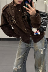 Buckle Pocket Stand Collar Suede Jacket