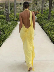 Robe longue à fleurs, col V et dos nu, avec ruban