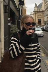 Pull rayé décontracté à col zippé demi-zip et revers rétro