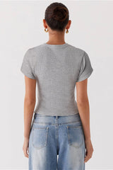 Ribbed Button Front Short Sleeve Blouse