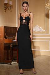 Robe de soirée moulante noire à bretelles dos nu et fente haute, stretch