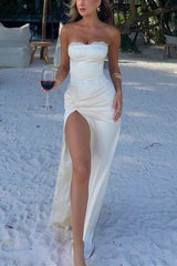 Robe de soirée maxi élégante et romantique fendue en satin