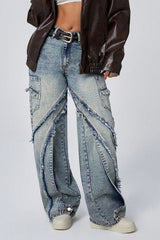 Jean ample à jambes larges et ourlet brut patchwork