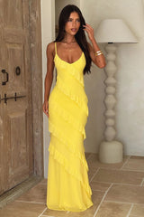 V Neck Open Back Side Split Wave Slim Slip Dress