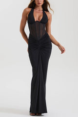 Robe de soirée longue crayon dos nu à empiècements en résille