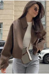 Veste courte ample en laine à col et fermeture éclair