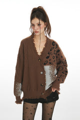 Cardigan chic en maille à col V patchwork imprimé léopard