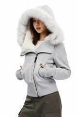 Veste courte zippée à capuche et col en fourrure doublée polaire