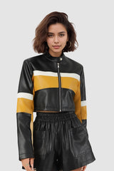 Veste courte slim sexy à empiècements contrastés en PU et col montant