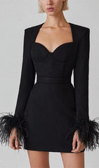 Robe mini à manches longues stretch et plumes noires