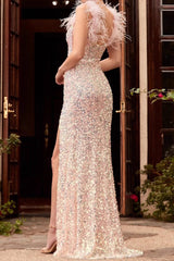 Robe de soirée maxi unie à taille haute et sequins rouges et plumes