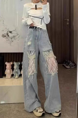 Lace Panel High Waist Wide Leg Jeans