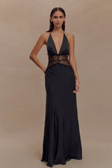Solid Lace Sheer Halter Tie Back Slip Dress