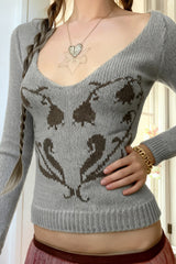 Pull rétro à col V ample et fleuri en forme de cœur