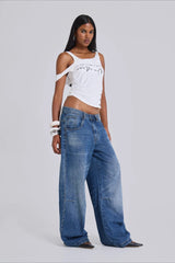 Jean en denim à jambes larges orné de perles