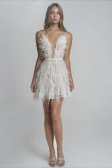 Backless Plunge Feathered Party Slip Dress
