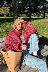 Veste en cuir à col et empiècements color-block