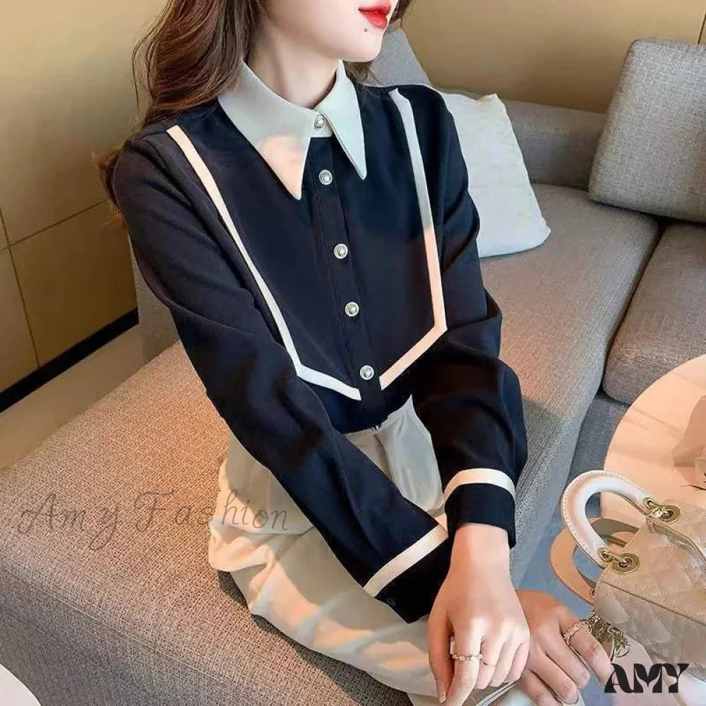 Elegant Corduroy Patchwork Buttons Piping Peaked Spring Fashion Top Blouse Navy Blue / S