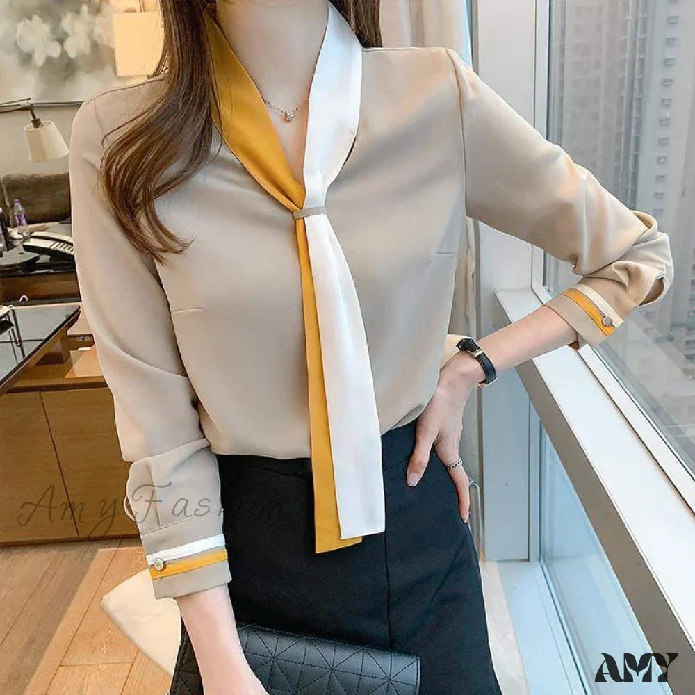 Elegant Scarf Collar Beading Spring Autumn Casual Tops Blouse Yellow / S