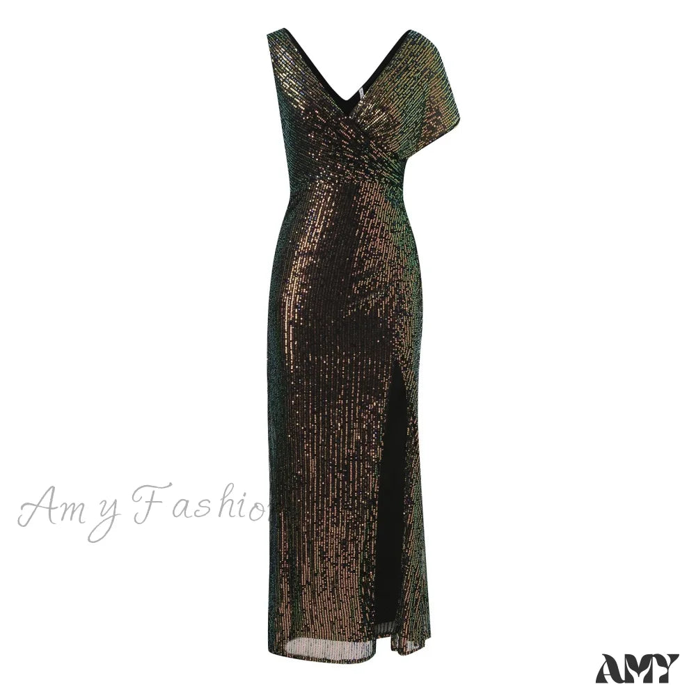 Elegant Sequined One-Shoulder Ruffled Side-Split Draped Evening Prom Maxi Dress