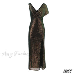 Elegant Sequined One-Shoulder Ruffled Side-Split Draped Evening Prom Maxi Dress