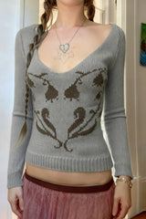 Pull rétro à col V ample et fleuri en forme de cœur