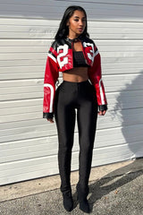 Veste slim en similicuir brodée color-block