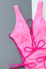 Color Block Cutout Lace Up Bow One Piece Swimwear