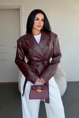 Veste en cuir moulante sexy à col en V et ceinture à nouer