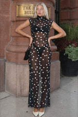 Sexy Polka Dot Silk Tie Waist Sleeveless Party Dress